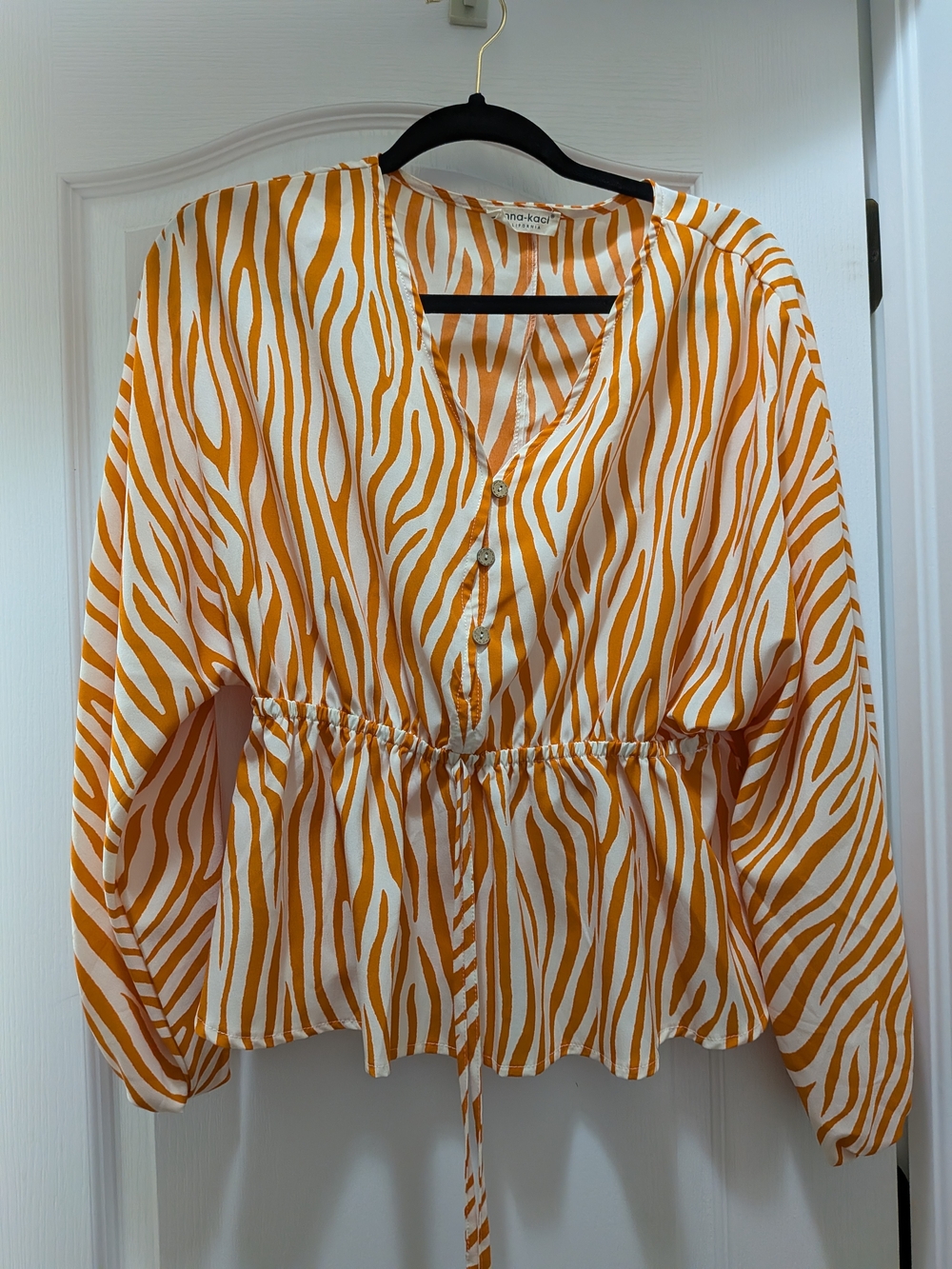 V-Neck Cinched Zebra-Print Blouse in Orange and Cream With Adjustable Waist